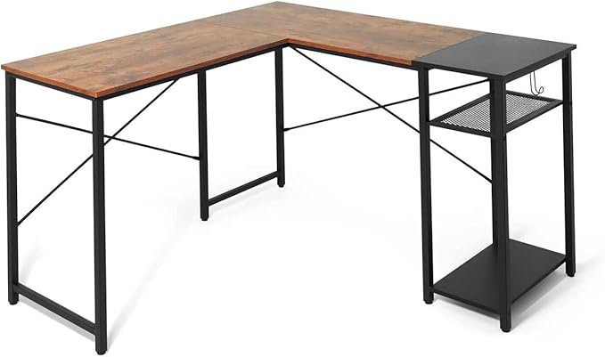 CAPHAUS 51 Inch L-Shaped Desk with 2-Tier Shelves &amp 220lbs Capacity - Home Office/Gaming/Study Corner Workstation Easy Assembly P2 Board Headphone Hook Industrial Design Rustic Oak and Black