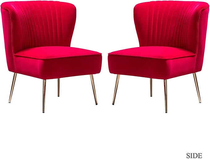 TINA'S HOME Velvet Accent Chair Set of 2 with Metal Golden Legs Upholstered Armless Slipper Chair with Wingback Mid Century Side Chair for Living Room Bedroom Makeup Vanity- Red