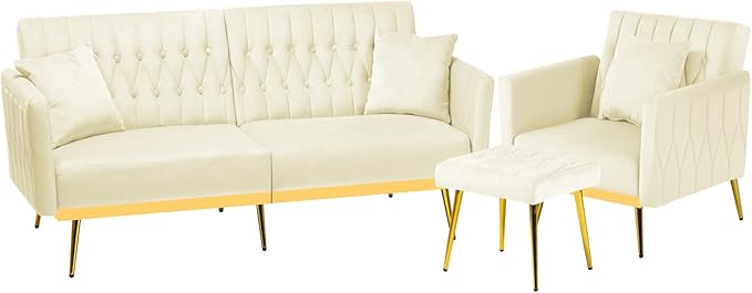 2 Pieces Velvet Sofa Set with Adjustable Armrest and Backrest 70” Convertible Futon Sofa Bed &amp Mordern Accent Chair with Ottoman for Living Room Bedroom Beige