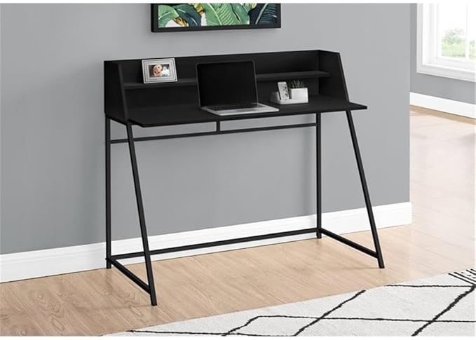Pemberly Row Computer Desk 48 L Black Metal Particle Board Trapezoid Legs Hutch with Storage Shelf Contemporary Space-Saving Design for Home Office Living Room or Bedroom Use