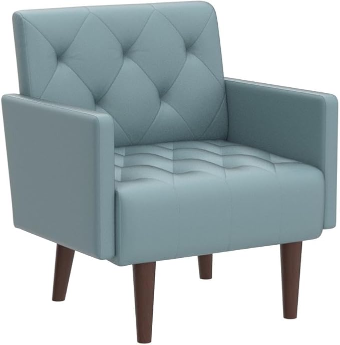 PU Leather Accent Chair Mid Century Modern Armchair for Living Room Reading Tufted Chair Single Sofa High-Density Foam Cushion Solid Wood Legs for Home Bedroom Office Reception(Blue)