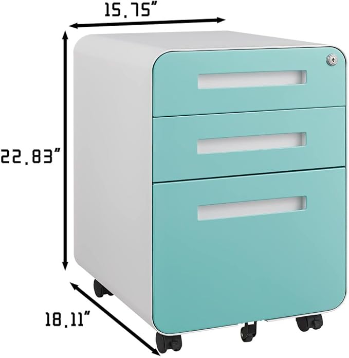 3-Drawer Mobile Filing Cabinet with Lock Legal/Letter Sized Office Storage Suitable for Offices and Study Rooms (White+Green)
