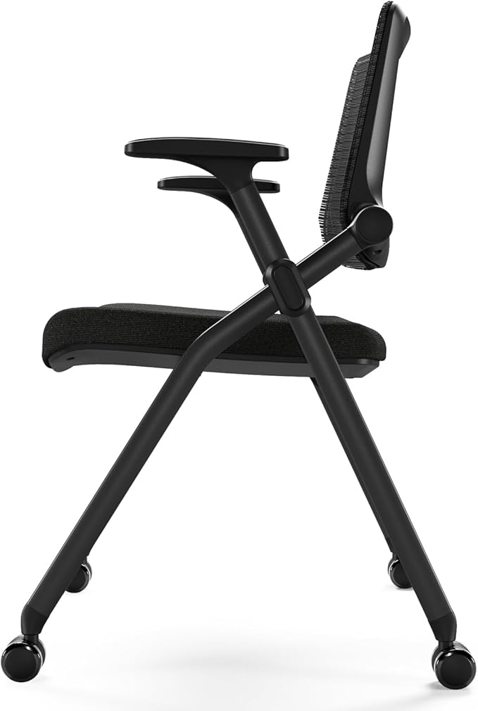 FYLICA Foldable Office Chair with PU Wheels and Smooth Armrest-Ergonomic Mesh Bouncing Back Stackable Conference Room Chair Office Guest &amp Reception &amp Meeting Chair (Black)