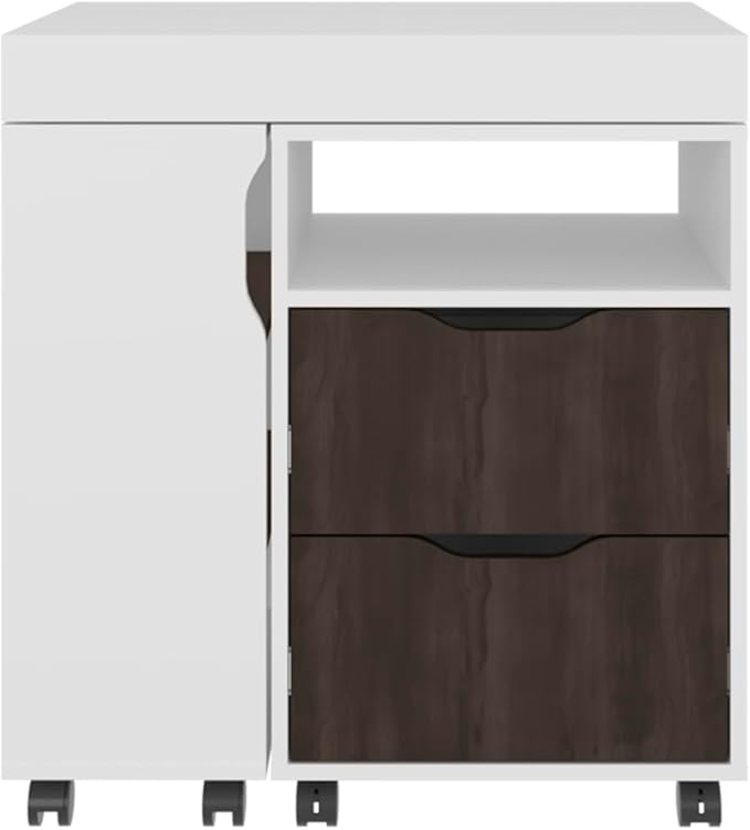 54 Wide Two Drawer Expandable Desk Home Office Desk with Seven Shelves and Casters for Home Office White - Dark Walnut