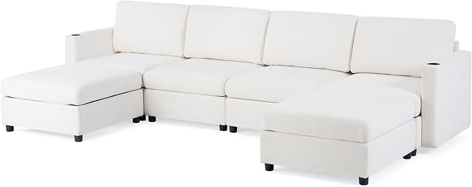 ERYE Oversized Chenille Upholstered Modular Storage Sectional Sofa Couch W/2 Movable Ottomans &amp Cupholders U-Shaped Free Combined Sofa Couch Convertible Sleeper Sofabed for Living Room Apartment