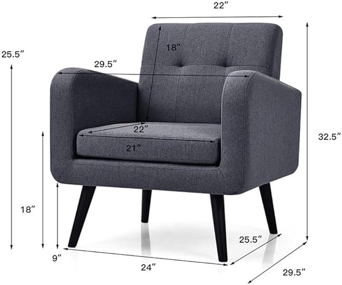 Pemberly Row Contemporary Fabric Accent Chair Gray Linen Upholstery Rubber Wood Legs Tufted Backrest 29.5 L x 29.5 W x 32.5 H Comfortable Living Room or Reception Room Seating