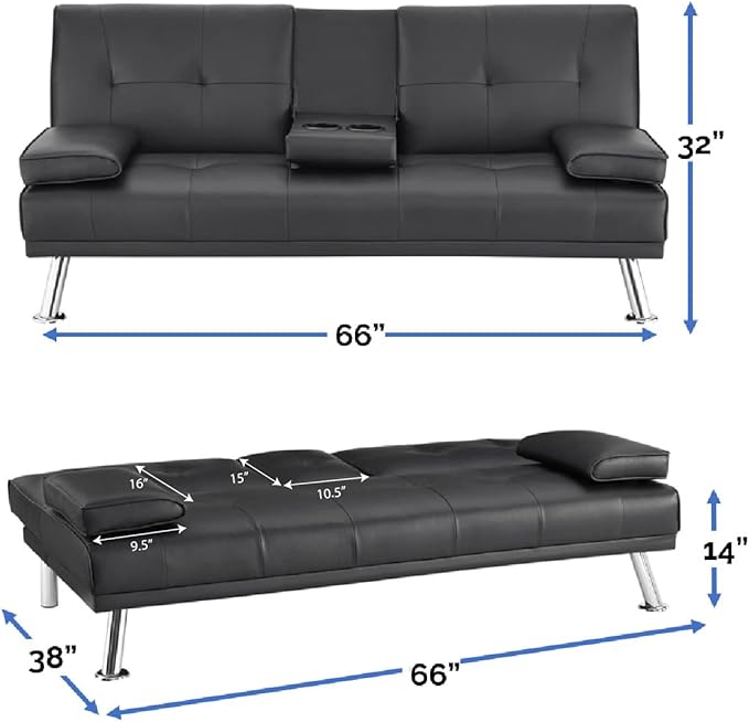 Naomi Home Black Futon Sofa Bed Faux Leather Futon Couch with Armrest and 2 Cupholders Pull Out Sofa Bed Couch with Metal Legs Reclining Small Bed Black Couches for Living Room
