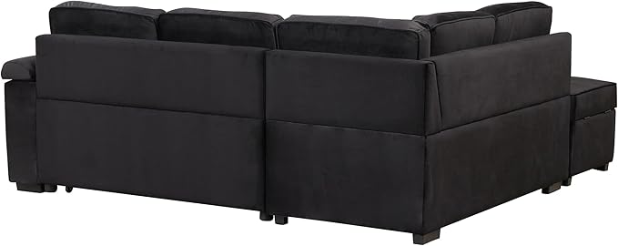 Linen L-shape Reversible Sleeper Sectional Sofa Couch with Storage Ottoman 2 in 1 Pull Out Convertible Sofa Bed with Cup Holders and USB Charging Port for Living Room Apartment Office (Black-LI)