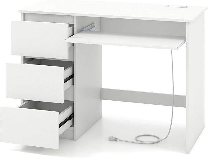 Nightcore 42” Computer Desk with Power Outlets Writing Desk with 3 Storage Drawer &amp Keyboard Modern PC Workstation Study Desk for Bedroom Home Office (White)