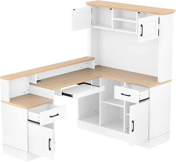 L-Shaped Home Office Desk with Storage Drawers Shelves and Cabinet Study Table Gaming Computer Desk with Keyboard Tray for Apartroom Living Room White