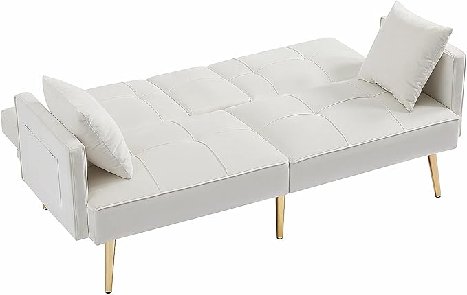 Futon Sofa Bed Modern Linen Fabric Couch Bed Loveseat Convertible Daybed with 2 Cup Holders and Removable Armrests for for Compact Living Space Apartment Dorm Office (18white)