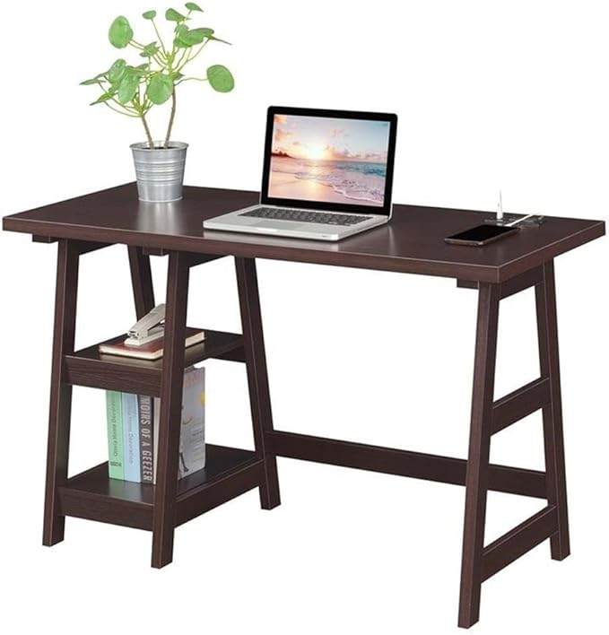 Pemberly Row Trestle Desk Espresso Wood Finish 47 in x 20 in x 29.25 in Charging Station with USB Ports 2 Fixed Shelves Contemporary Style Home Office Desk for Work or Study