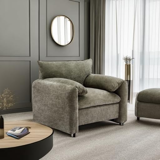 Modern Style Armchair Chenille Oversized Single Sofa Lounge With Curved Backrest and Open Back Fabric Upholstered Accent for Living Room Bedroom (Matcha Green 007)