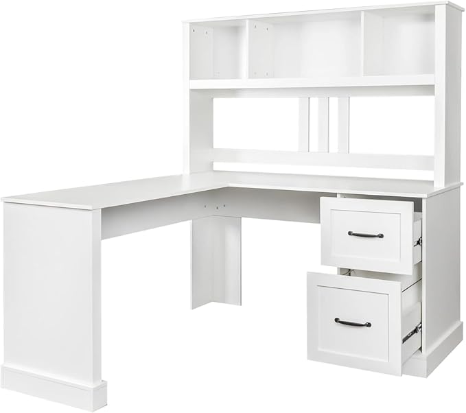 WERSMT Home Office Executive Desks with Drawer Modern Corner Desk with Hutch 60 Large Wood L Shaped Desks with Shelves &amp File Cabinet White
