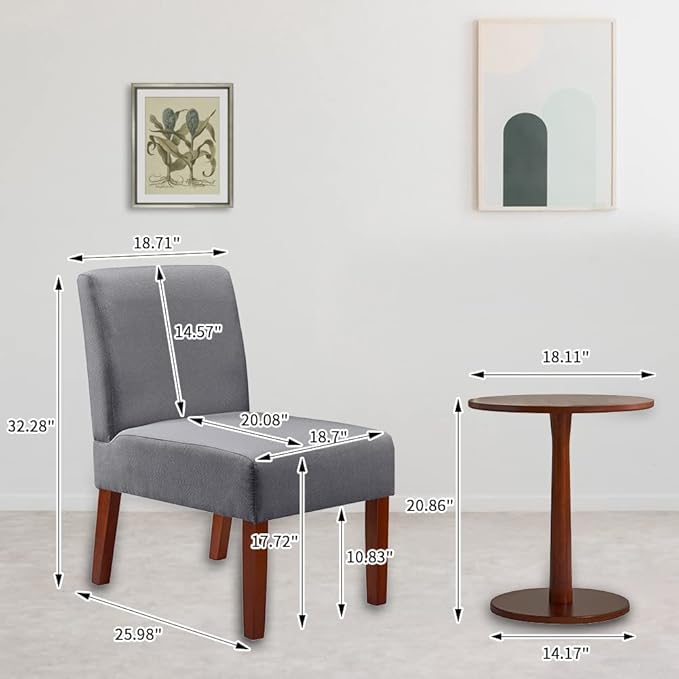 Fabric Accent Chair Set - Armless Linen Fabric Side Chair of 2 with Round Wood Side TableModern Slipper Chair for Living Room Bedroom and Office (Grey)