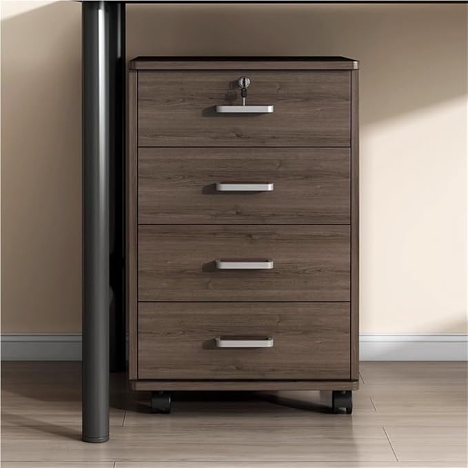 Mobile File Cabinet Wooden Low Desk Drawer with Four Drawers Lockable Storage Cabinet with Removable Wheels Multifunctional Locking Cabinet for Office(Natural)