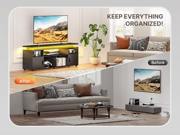 SUNCOZE TV Stand Entertainment Center with LED Lights and Cabinet for 70/75/80 Inch TV Modern TV Console Gaming Media Television Stands with Power Outlets for PS5 in Living Room and Bedroom Black