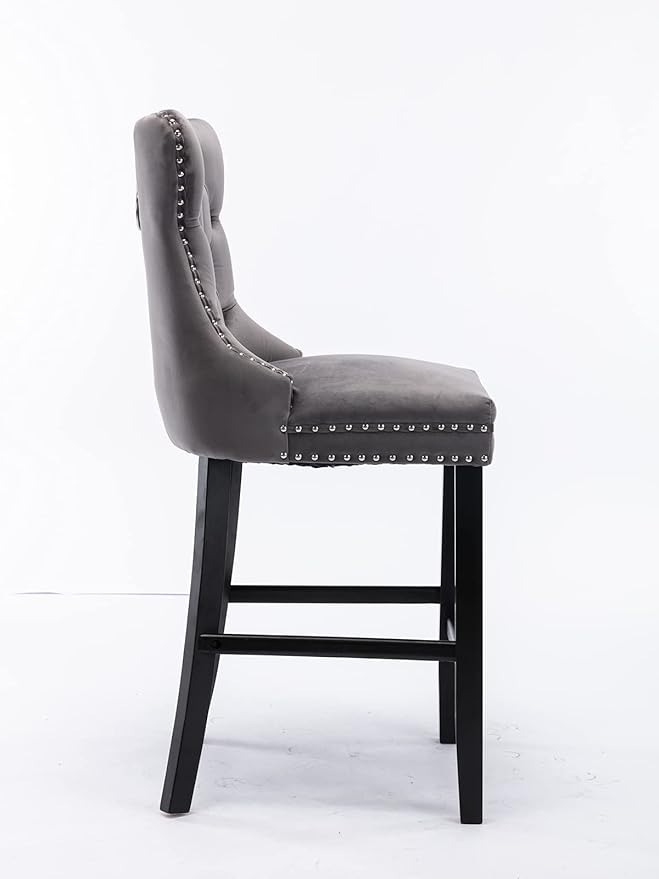 Modern Upholstered BarstoolsVelvet Bar ChairsSet of 2Wooden LegsLeisure Style Bar ChairsHigh Backrest ChairKitchen Island Chairs for CafesLiving RoomKitchenBarGray
