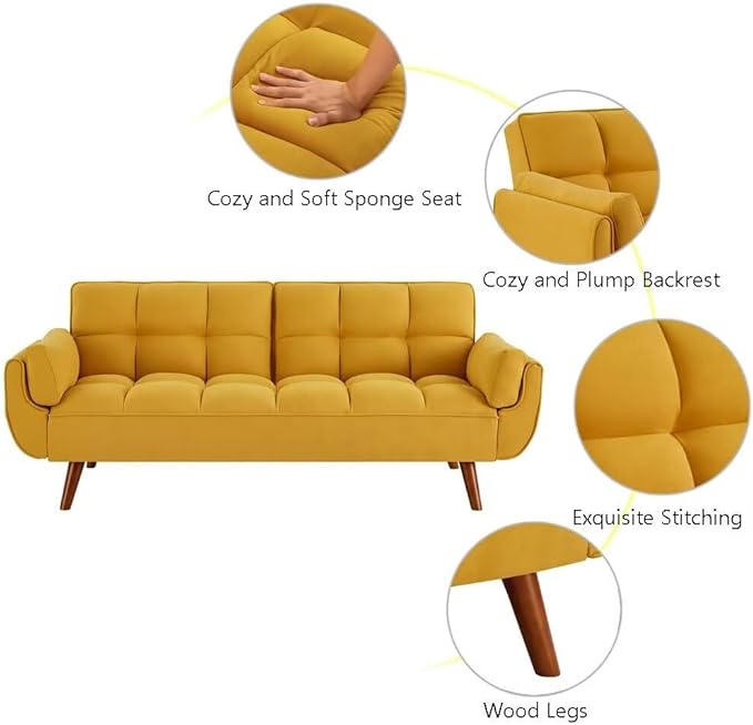 Convertible Sofa Bed Folding Loveseat Couch Modern Futon Recliner Sleeper with Adjustable Backrest Yellow