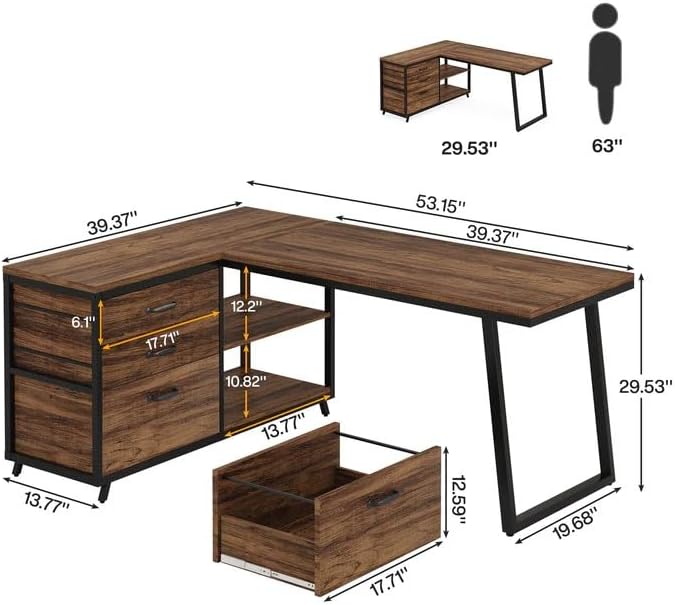 Computer Desk with 5 Drawers 47 Inch Reversible L-Shaped Executive Office Desk with File Storage Drawers Industrial Study Writing Table Corner Desk for Home Office (Rustic Brown)