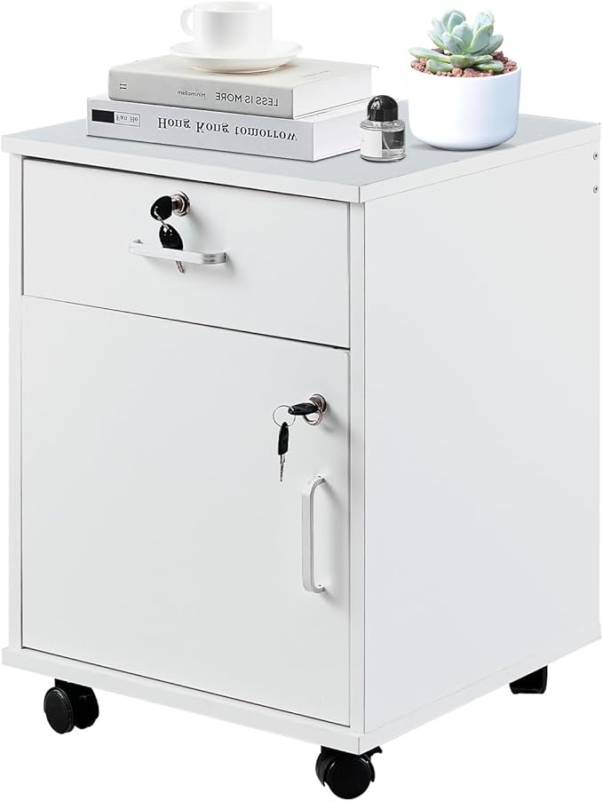 TUKAILAi Mobile File Cabinet with Lockable Drawer &amp Door Under Desk Rolling Filing Cabinet with 4 Wheels Wooden Stationery Storage Cabinet for Home Office (White)
