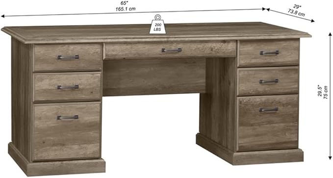 Pemberly Row Contemporary 65 Executive Desk Rustic Oak Finish Laminate Surface 7 Drawers for Storage and Organization Farmhouse Style Home Office Desk with Scratch-Resistant Work Surface