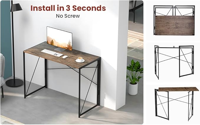 Garden Elements Modern Small Folding Computer Desk Portable Space-Saving Home Office Desk with Sturdy Metal Frame Brown 39