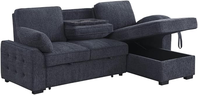 Lilola Home Mackenzie 91-inch Chenille Fabric Reversible Sleeper Sectional Sofa with Storage Chaise Drop-Down Table Cup Holders &amp USB/USB-C Charging Ports Easy Assembly Living Room — Charcoal