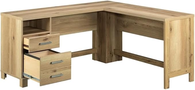 Pemberly Row Farmhouse L-Shape Engineered Wood Desk Timber Oak Finish 29.76 H x 65.12 W x 59.84 D File Drawer Open Shelf Home Office Desk for Storage &amp Organization