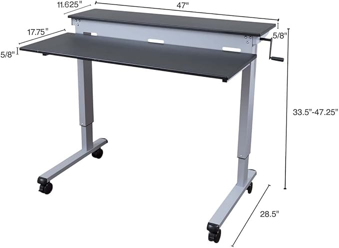 S STAND UP DESK STORE Crank Adjustable 2-Tier Standing Desk with Heavy Duty Steel Frame (Silver Frame/Black Top 48 inch Wide
