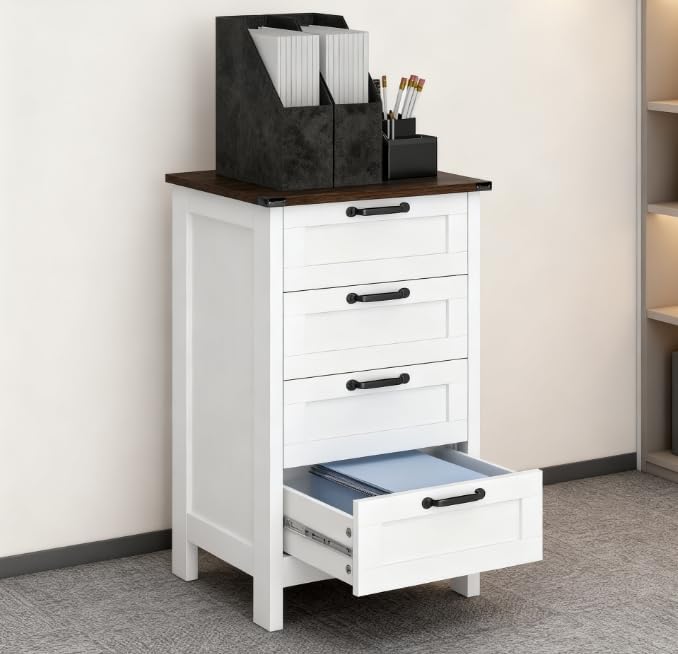 File Cabinet with Lock 4 Drawer Small Storage Cabinet Organizer Under Desk Locking Drawers Filing Cabinets for Home OfficeBrownDistressedWhite