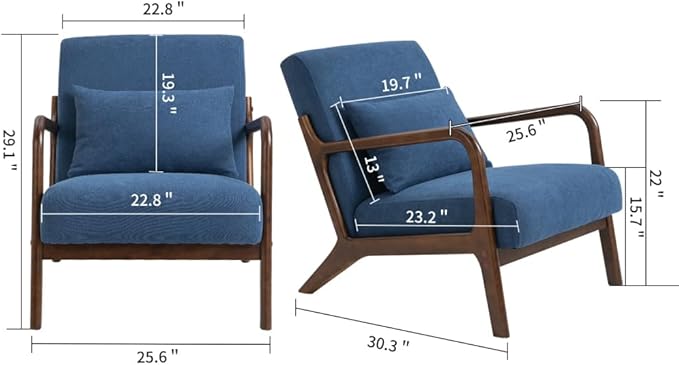 Mid Century Modern Accent Chair with Wood Frame Upholstered Living Room Chairs with Waist Cushion Reading Armchair for Bedroom Sunroom (Blue + Velvet + Cotton)