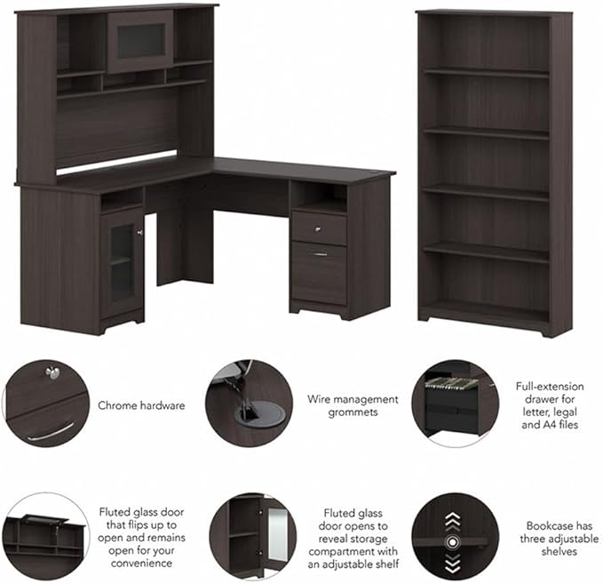 Bush Home Cabot 60W L Shaped Computer Desk with Hutch and 5 Shelf Bookcase in Heather Gray