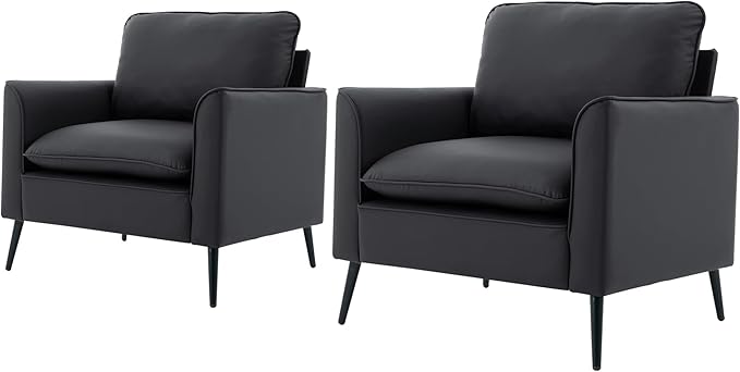 YISHENG Mid-Century Modern Living Room Accent Chairs Set of 2 - Oversized Faux Leather Armchairs with Removable Cushions &amp Metal Legs Comfortable Sofas for Office/Lounge/Bedroom/Reception（Black）