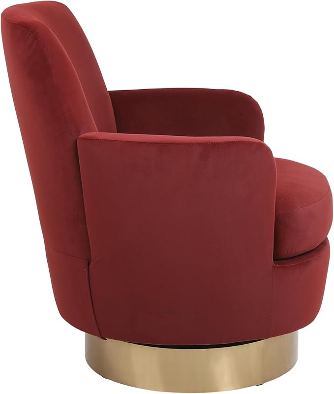 Velvet Swivel Barrel Chair Reading Armchair for Living Room &amp Bedroom Comfy Accent Chair with Gold Stainless Steel Base (Brownish Red)
