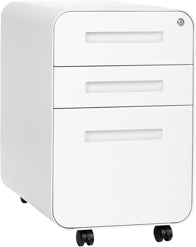 Laura Davidson Furniture Stockpile 3 Drawer File Cabinet with Lock - Under Office Desk Metal Filing Cabinet Legal/Letter File Folders Wheels and Stationary Feet Pre-Assembled White