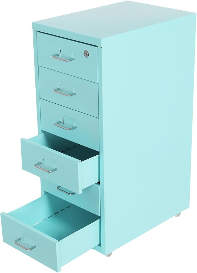 6-Drawer Metal File Cabinet Mobile File Cabinet with Lock Rolling Vertical File Cabinet Under Desk for Home Office 11 * 16 * 27in (Blue)