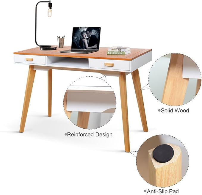 Mid Century Desk Modern Simple Style Writing Study Desk with 2 Drawers and Solid Wood Legs Home Office Desk Computer Desk for Small Space Multifunctional Vanity Table Desk