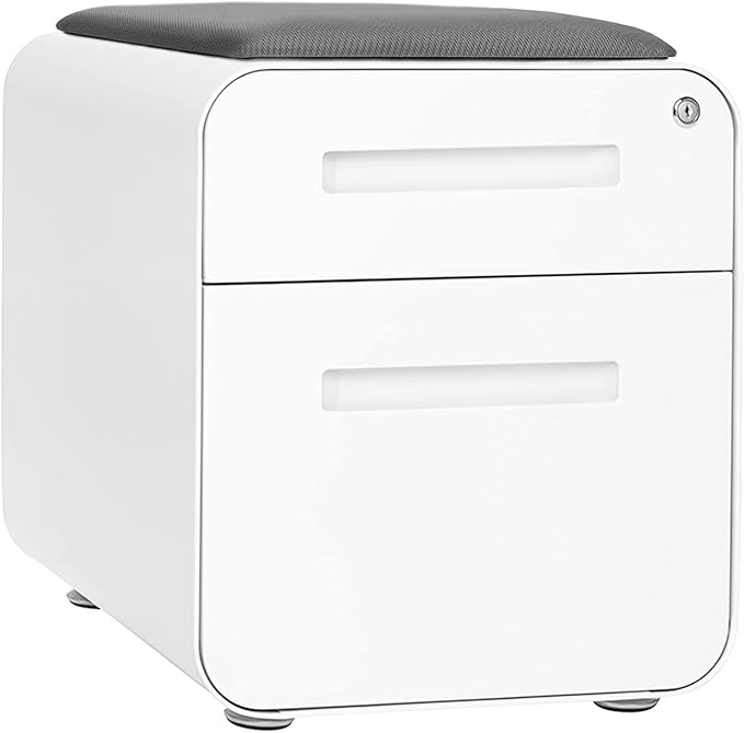 Laura Davidson Furniture STOCKPILE Mini Seated 2 Drawer Mobile File Cabinet with Removable Magnetic Cushion Seat - Short Version Metal Filing Cabinet Pre-Assembled White with Grey Cushion