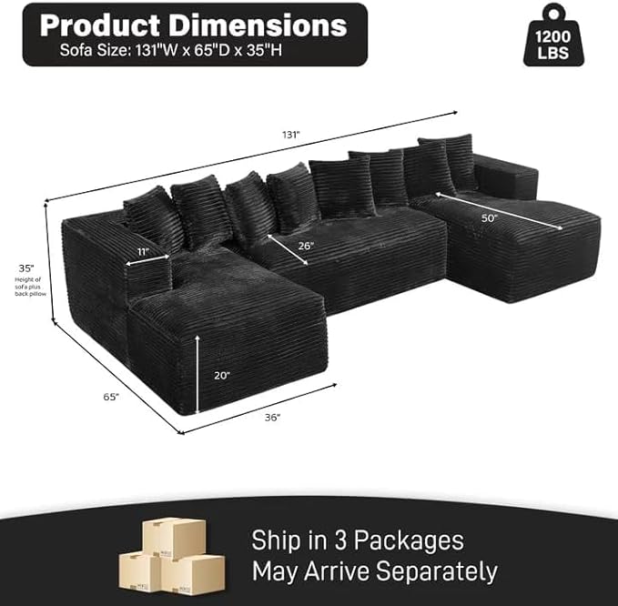 Modular Sectional Sofa 130 U Shaped Cloud Couch Plush Corduroy Comfy Deep Seat Boneless Sofas with 8 Pillows Double Chaise Lounge Sectional Couches with Memory Foam for Living Room - Black