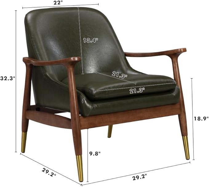 29.2'' Mid-Century Chair - Faux Leather Cushioned Seat Brass-Tipped Solid Wood Legs Perfect for Living Room Bedroom or Office (Green)