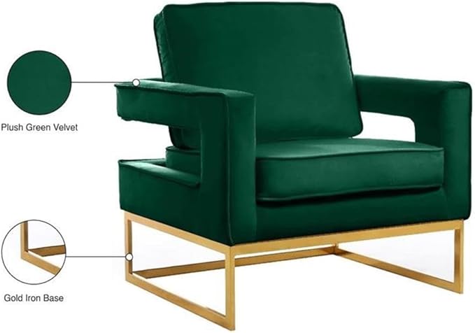 Pemberly Row Modern Accent Chair Green Velvet Upholstery Gold Iron Base 33 W x 29 D x 35 H Solid Wood Frame Padded High-Density Foam Cushion Stylish Living Room or Bedroom Seating