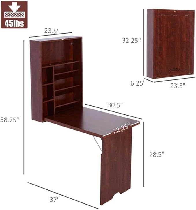 Pemberly Row Wall-Mounted Folding Desk Brown Wooden Finish Compact Space-Saving Design with Storage Shelves Adjustable Compartments Ideal for Home Office Study Room Kitchen or Crafting Station