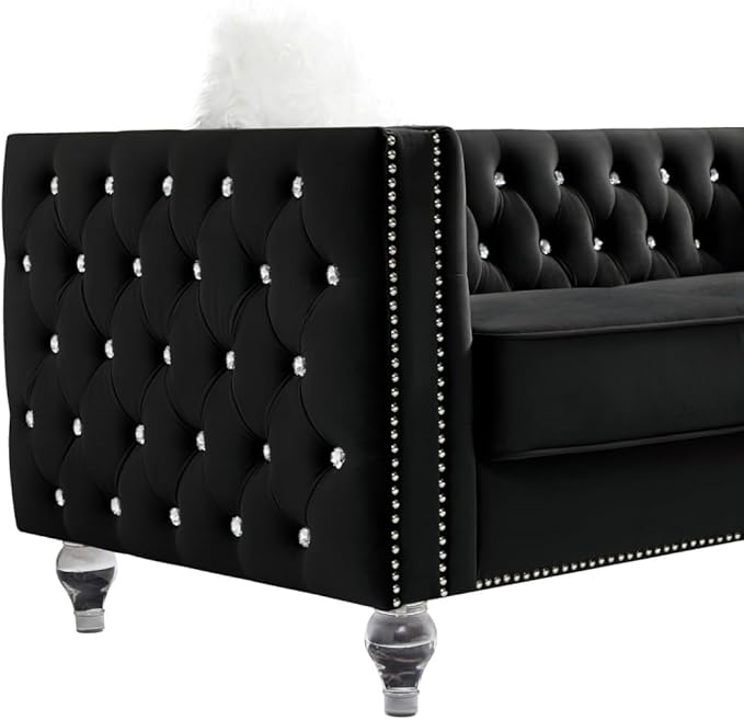 i-POOK 83 W 3 Seat Velvet Couch Chesterfield Sofa with 2 Plush Pillows Crystal Legs and Nailhead Trim Arms Button Tufted Black Couch for Living Room Office Guests Room