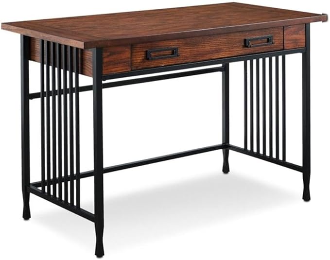 BOWERY HILL Computer Desk 46 in x 22 in x 30 in Mission Oak Finish Hardwood Solids and Oak Veneers Matte Black Steel Base Drop Front Drawer Home Office Writing Desk
