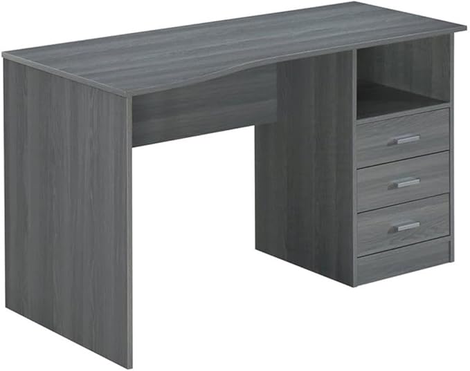 Pemberly Row Contemporary Writing Desk 51.25 in Wide Gray Finish Heavy-Duty Particle Board and Steel 3 Drawers Side Shelf Large Workstation or Drafting Table for Office or Home Use