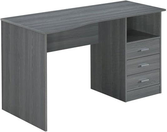 Pemberly Row Contemporary Writing Desk 51.25 in Wide Gray Finish Heavy-Duty Particle Board and Steel 3 Drawers Side Shelf Large Workstation or Drafting Table for Office or Home Use