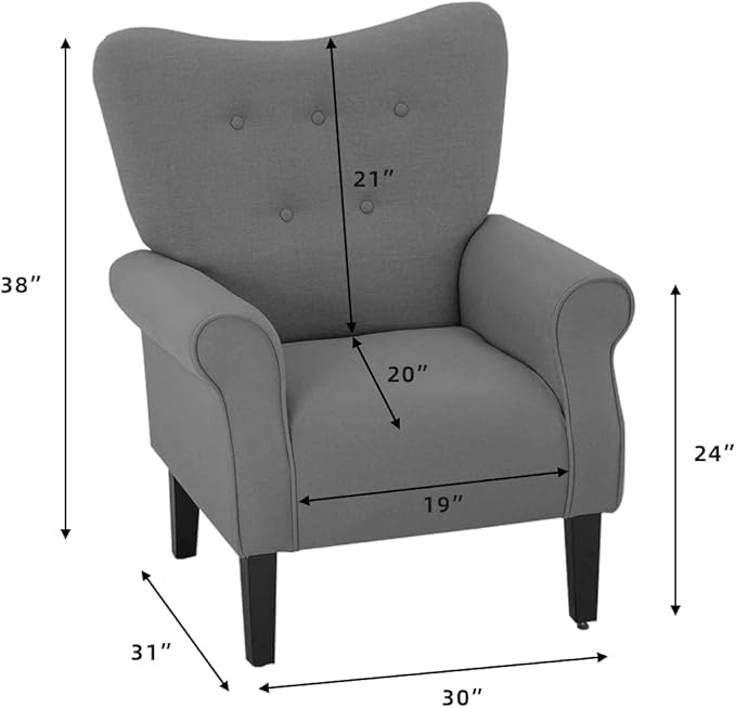 YOLENY Modern Accent ChairHigh Back ArmchairUpholstered Fabric Button Single Sofa with Wooden Legs for Living RoomBedroomClubGrey
