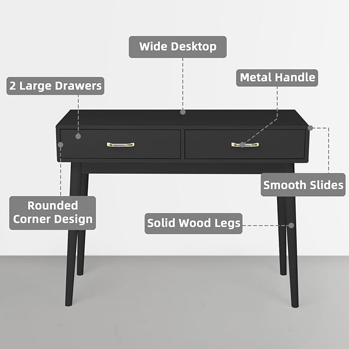 Small Black Desk with 2 Drawers Modern Writing Desk for Small Spaces Home Office Desk for Study Laptop Computer Desk for Work Makeup Vanity Table for Bedroom (Jet Black)