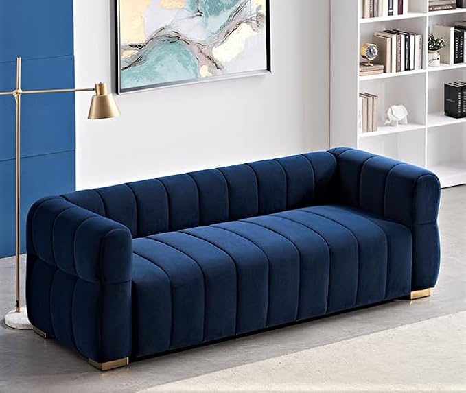 Art Deco Velvet Sofa with Tufted Low Back Design Sophisticated 3 Seater Couch for Living Rooms 89 Inch Wide Easy Assembly Blue